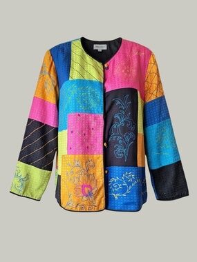 Maggie Barnes Patchwork Embroidered Jacket Boho Art Wear Toggle Buttons NWT 1X